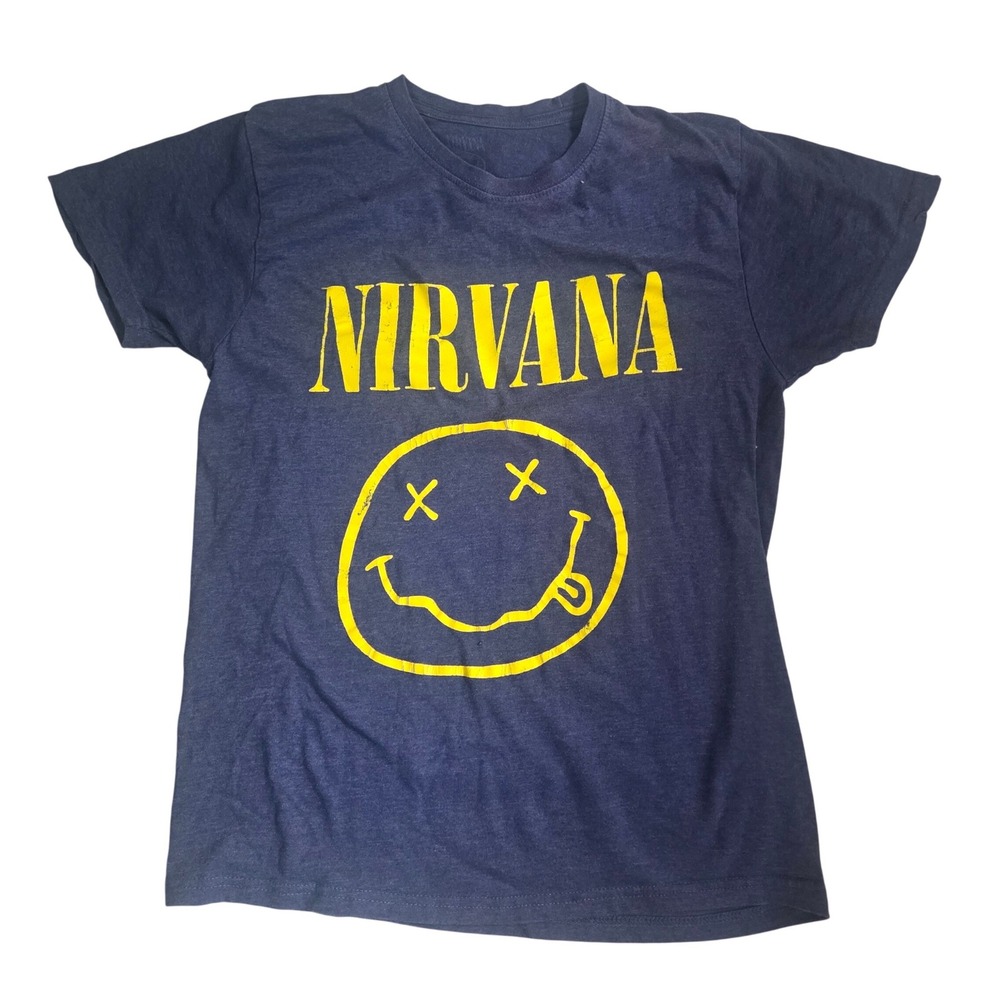 Nirvana Smiley Face T-Shirt Blue Yellow Retro Grunge Band Tee Size Small